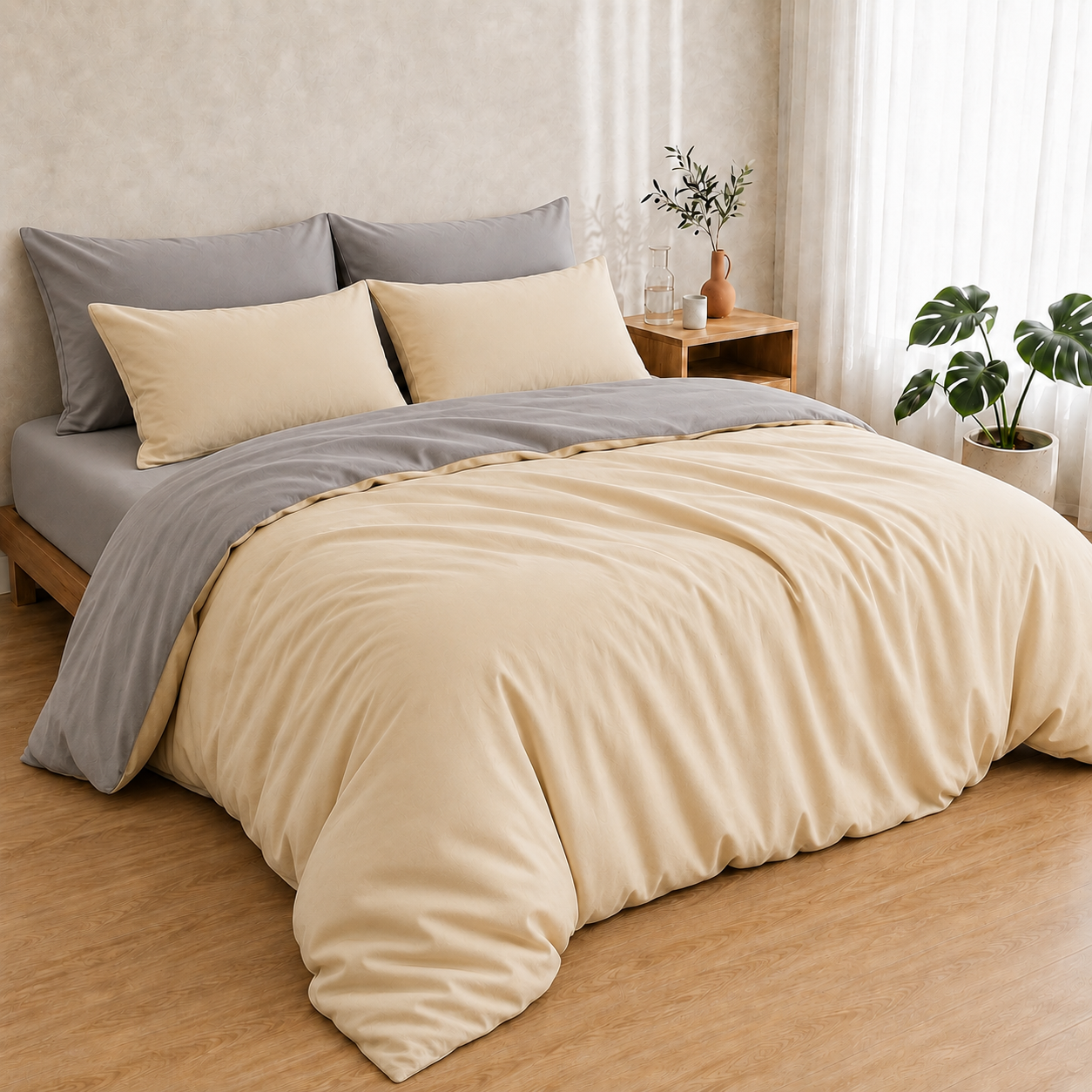 Bamboo Duvet Cover - Buttercream And Warm Stone