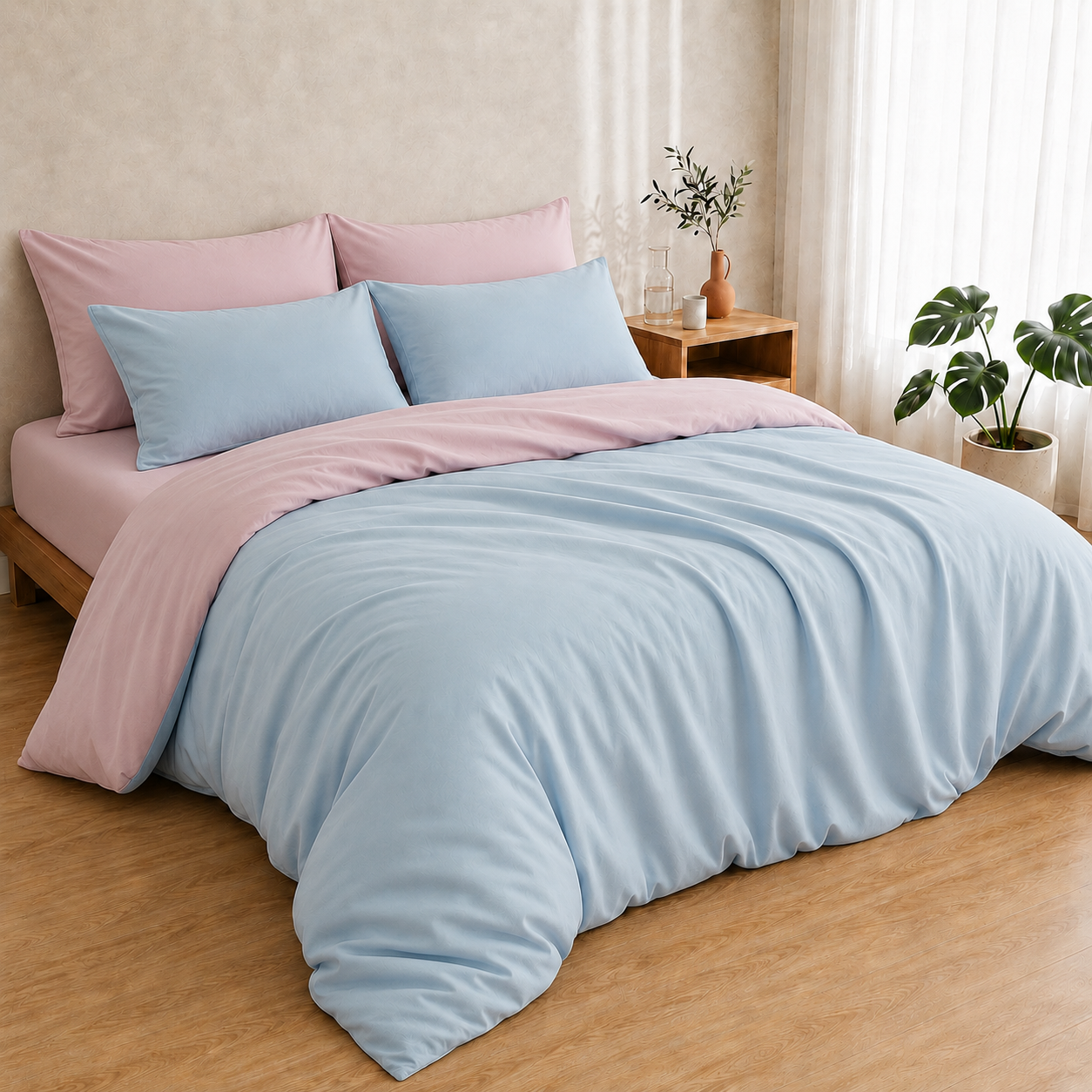 Bamboo Duvet Cover — Petal Pink And Soft Sky Blue