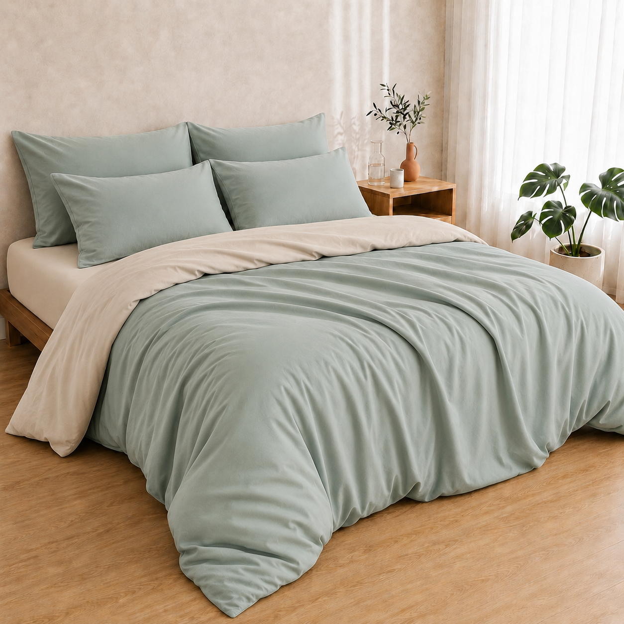 Bamboo Duvet Cover — Soft Sage And Almond Cream